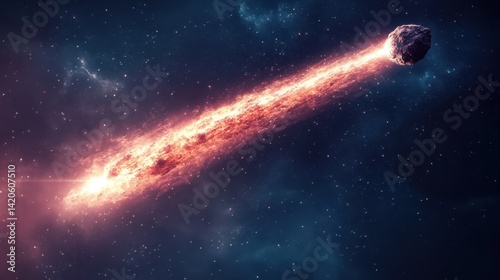 Fototapeta Naklejka Na Ścianę i Meble -  Fiery meteor streaks across cosmos; nebula background; space exploration