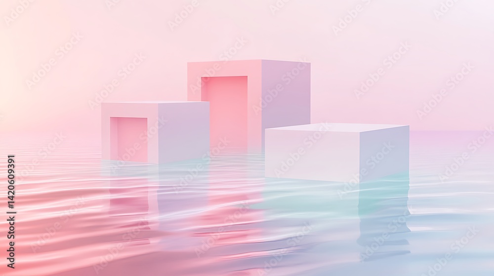 Abstract scene with floating geometric shapes in soft pastel colors reflecting on water. Abstract scene with floating geometric shapes in soft pastel colors reflecting on water.