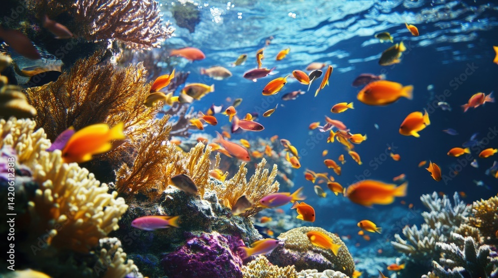 Fototapeta premium Colorful fish swimming around coral reefs in the ocean water