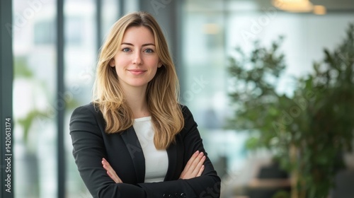Professional Businesswoman with Confident Expression and Folded Arms in a Modern Office Environment