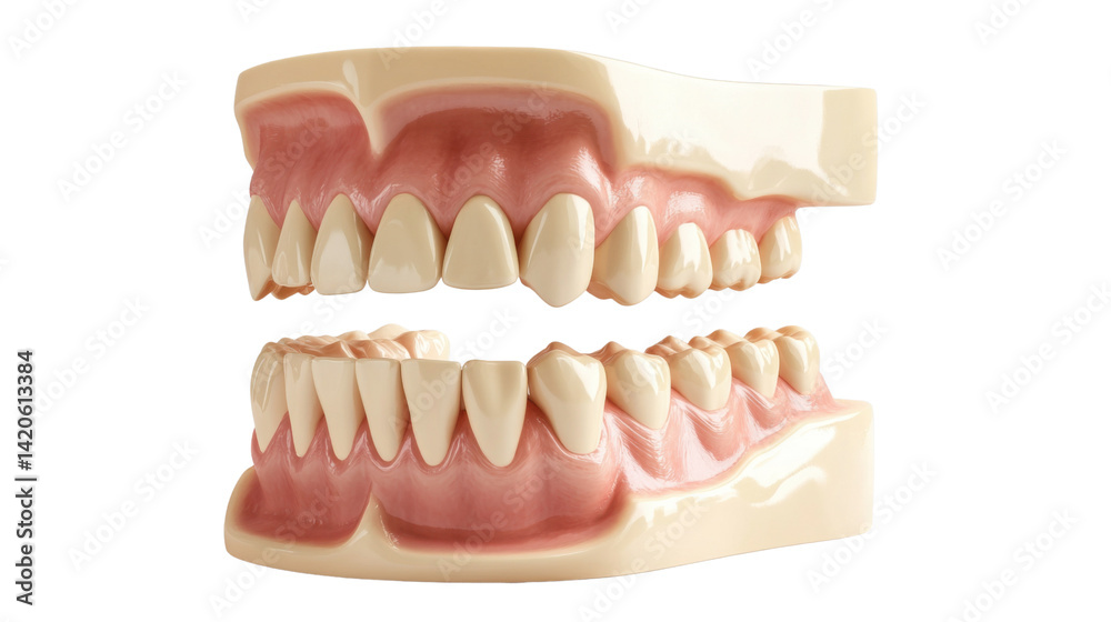 Fototapeta premium Dental Anatomy: A detailed view of a realistic model of human teeth, revealing the intricate arrangement and structure of the oral cavity, perfect for dental studies and educational materials.