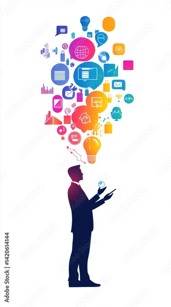 Business Man with Modern Digital Ideas, Social Media Engagement, and Innovation Concept Illustration Business Man with Modern Digital Ideas, Social Media Engagement, and Innovation Concept Illustration