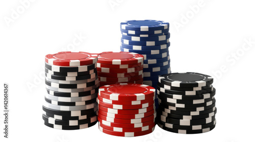 Poker Chips in the Spotlight: A colorful stack of poker chips, ready to be played. Red, black, and blue casino chips await the thrill of the game.