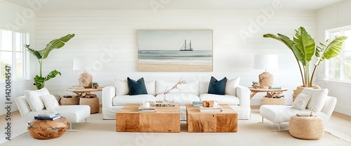 Bright, airy living room. White sofa, wooden coffee tables, coastal art, and tropical plants