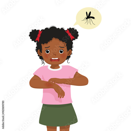 Little African girl scratching her itchy hand skin rash swelling redness spot allergy from mosquitoes insects bites.
