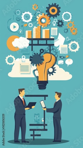 Wallpaper Mural Business Executives Discussing Innovative Ideas Represented by Gears and Lightbulb Torontodigital.ca