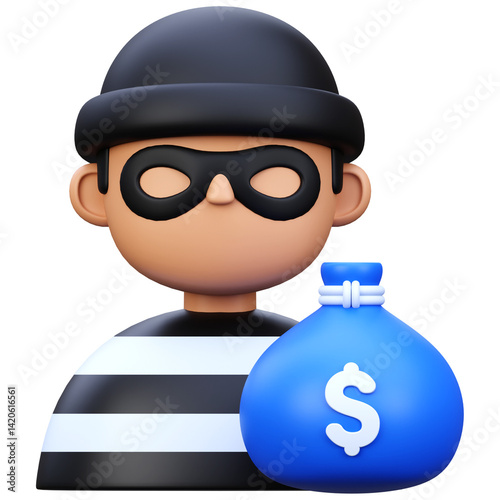 3D Robbery Icon – Thief with Mask and Money Bag Cartoon Illustration