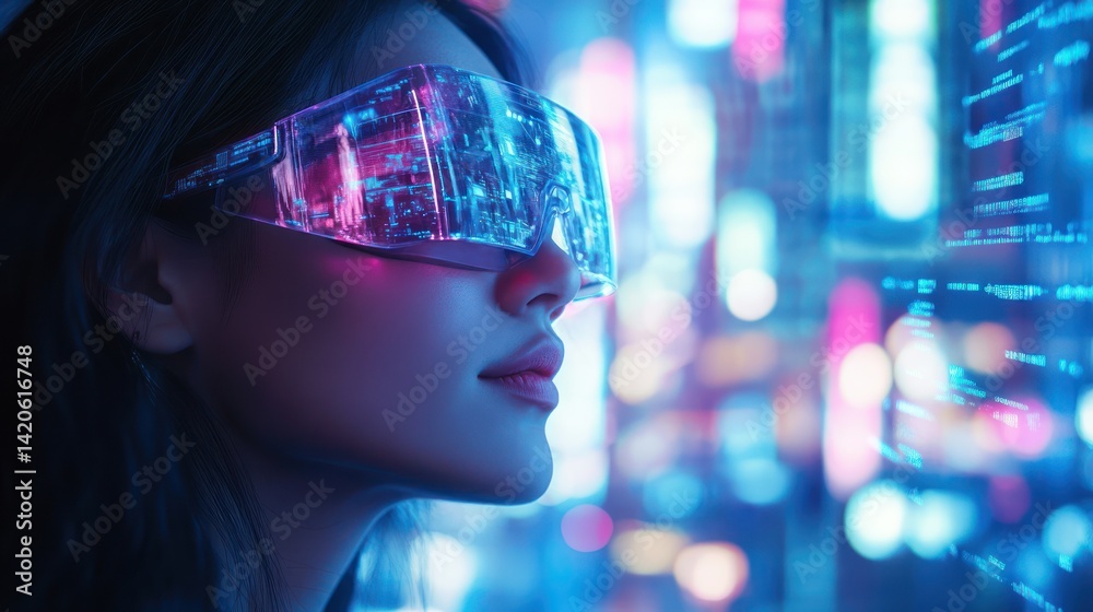 Envisioning the Future: Woman with Futuristic Glasses in Neon-Lit Virtual Reality Envisioning the Future: Woman with Futuristic Glasses in Neon-Lit Virtual Reality