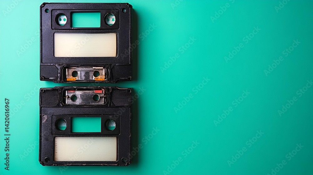 Obraz premium Vintage audio cassettes on teal. Nostalgia, music