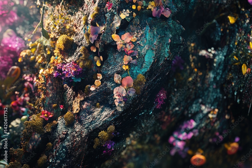 Fototapeta premium Vibrant, textured rock face adorned with colorful flora.