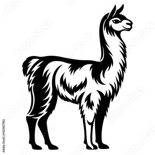 Elegant Black and White Llama Illustration with Intricate Fur Details Standing Proudly