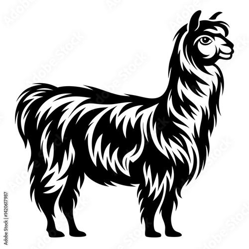 Stylized Black and White Illustration of a Majestic Llama Standing Proudly