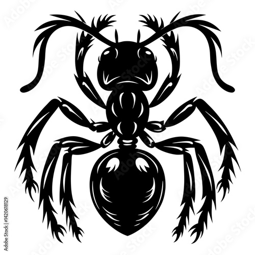 Stylized black ant illustration on a white background, top down view