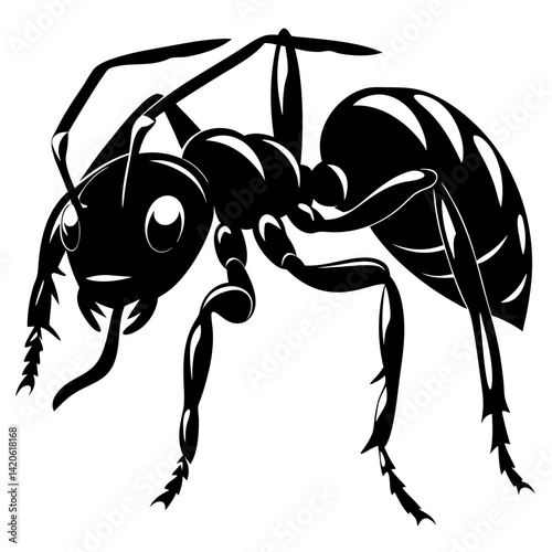 Stylized Black and White Illustration of an Ant Insect with Exaggerated Features