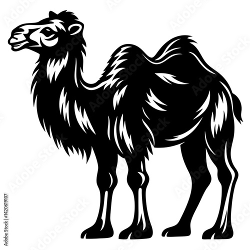 A monochrome stylized illustration of a dromedary camel with two humps