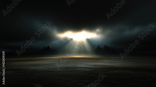 Bat-shaped light piercing dark clouds over mountains