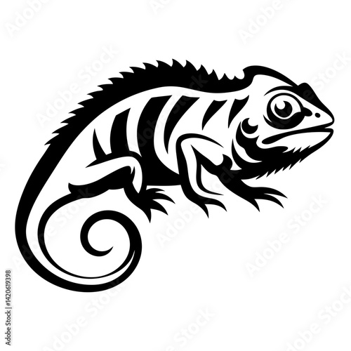 A stunning black and white tribal tattoo style chameleon illustration on white