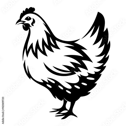 Monochrome image of a stylized chicken in black and white design