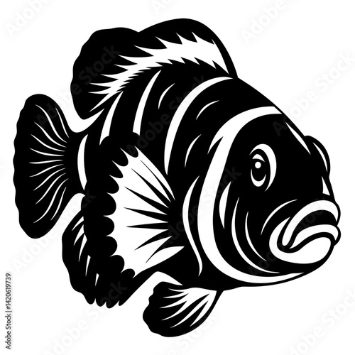 Bold monochrome illustration of a striped fish with detailed fin structure