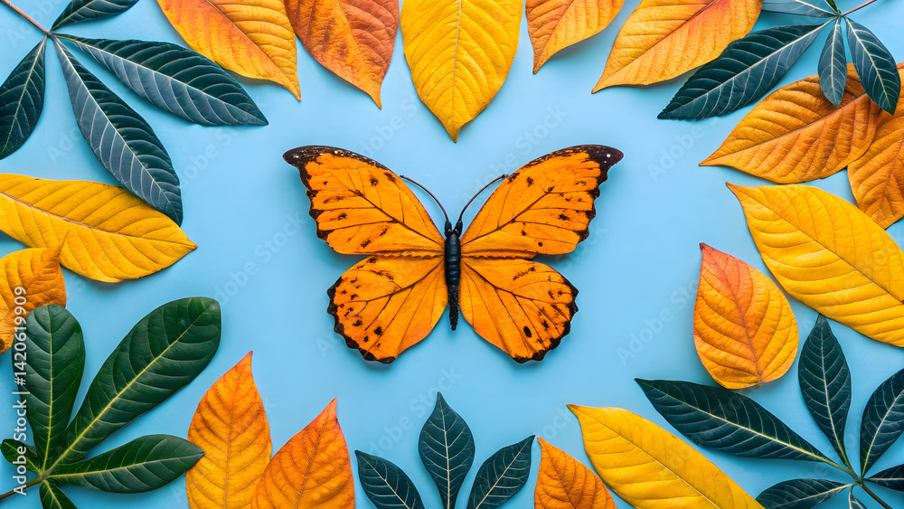Obraz premium vibrant butterfly surrounded by colorful autumn leaves creates stunning visual display of nature beauty and transformation