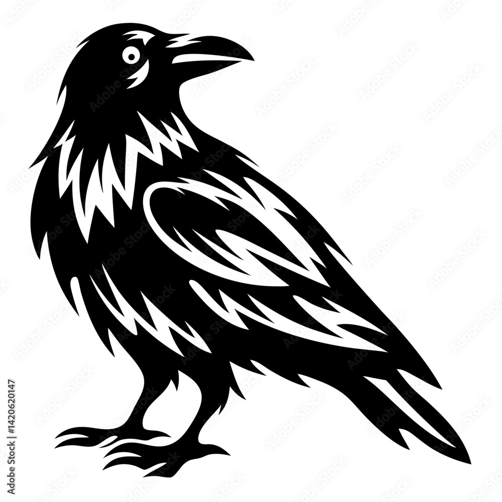 Obraz premium Stylized raven in black silhouette showing detailed feathers and tribal design elements