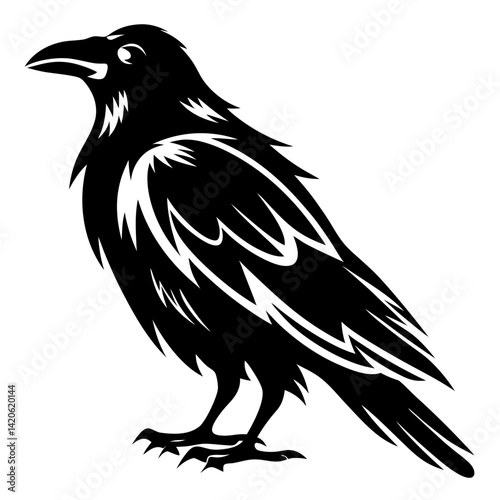 Stylized Black Raven with White Accents, Poised and Perched Firmly