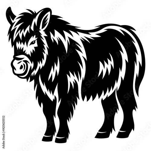 Monochrome illustration of a highland cow standing in profile black and white
