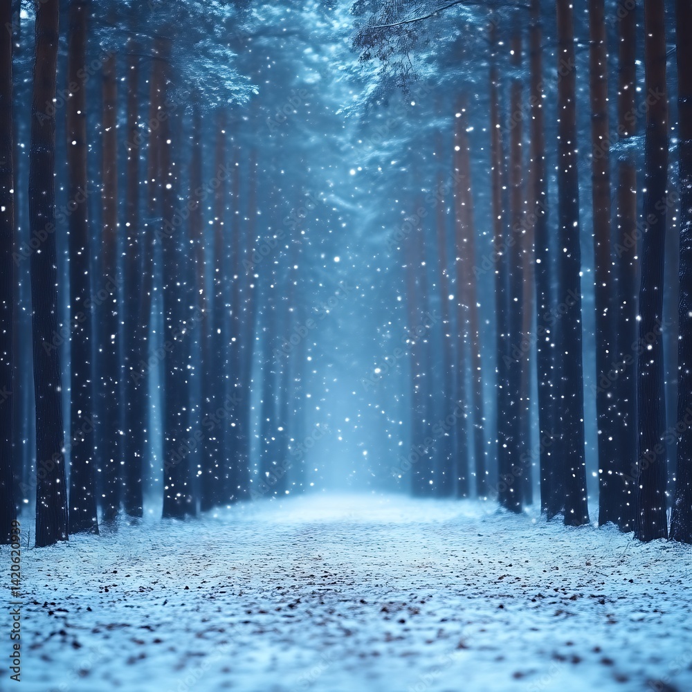 Naklejka premium Snow falling in a serene winter forest path