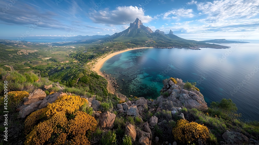 Obraz premium Scenic coastal view. Beach, turquoise water, mountain, and lush green vegetation under blue sky