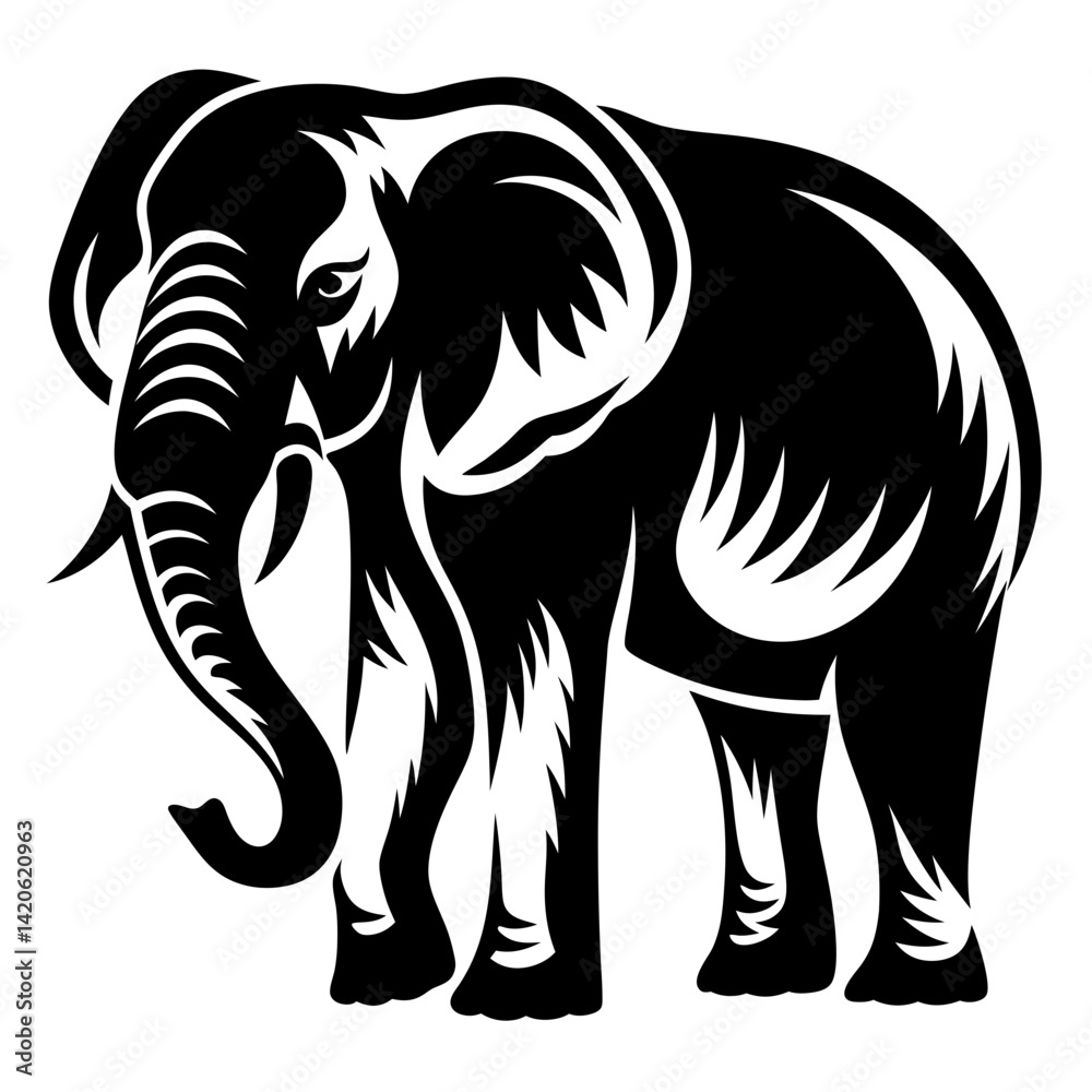 Obraz premium Black and white illustration of an elephant with graphic styling elements