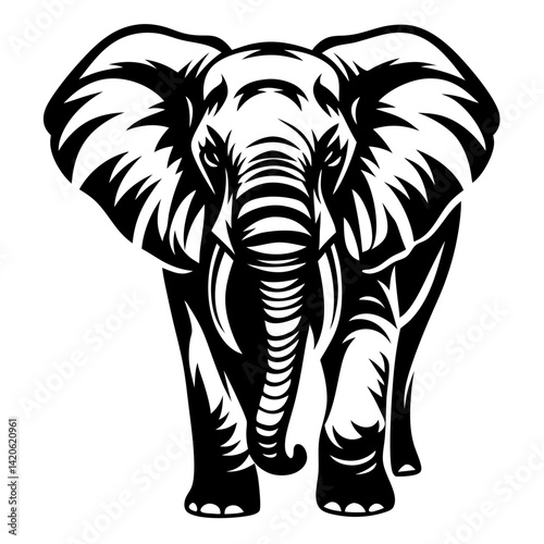 Majestic black and white illustration of a formidable elephant facing forward