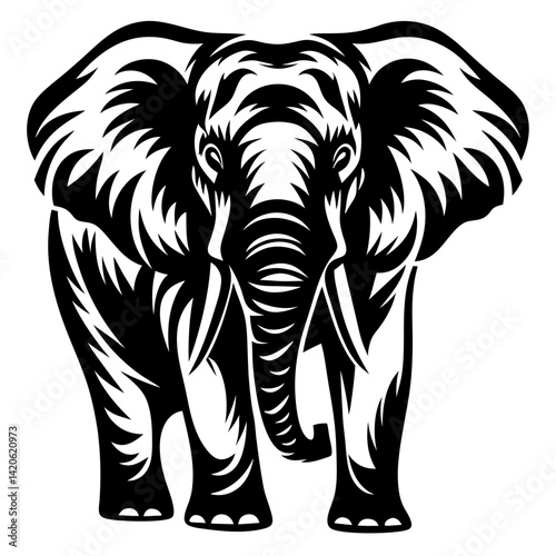 Stylized black and white elephant vector illustration with bold tribal patterns