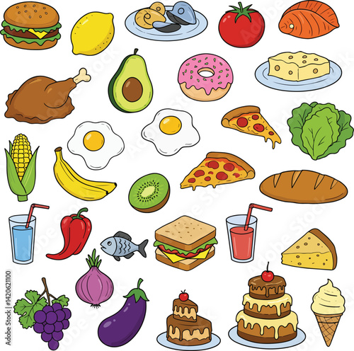 Diverse and Colorful Food Icons Collection