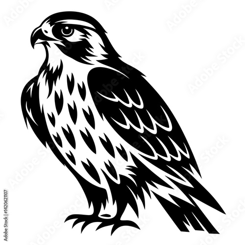 Majestic falcon illustration in black and white design, side view