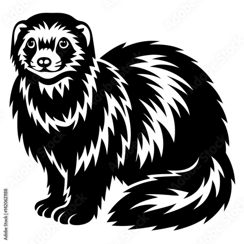 Striking black and white illustration of a charming and fluffy ferret sitting upright