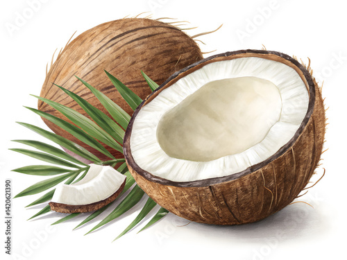 Fresh Tropical Coconut with Green Leaves – Whole, Halved, and Sliced on White Background