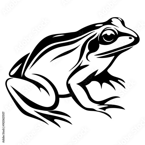 Monochrome stylized frog illustration in black and white on a plain background
