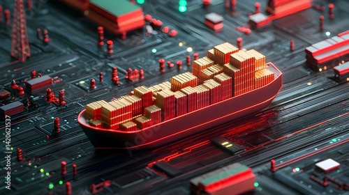 Global Shipping and Financial Technology Integration, Concept of Digital Trade, Crypto Logistics, Blockchain Commerce, and Smart Maritime Economy Visualization.