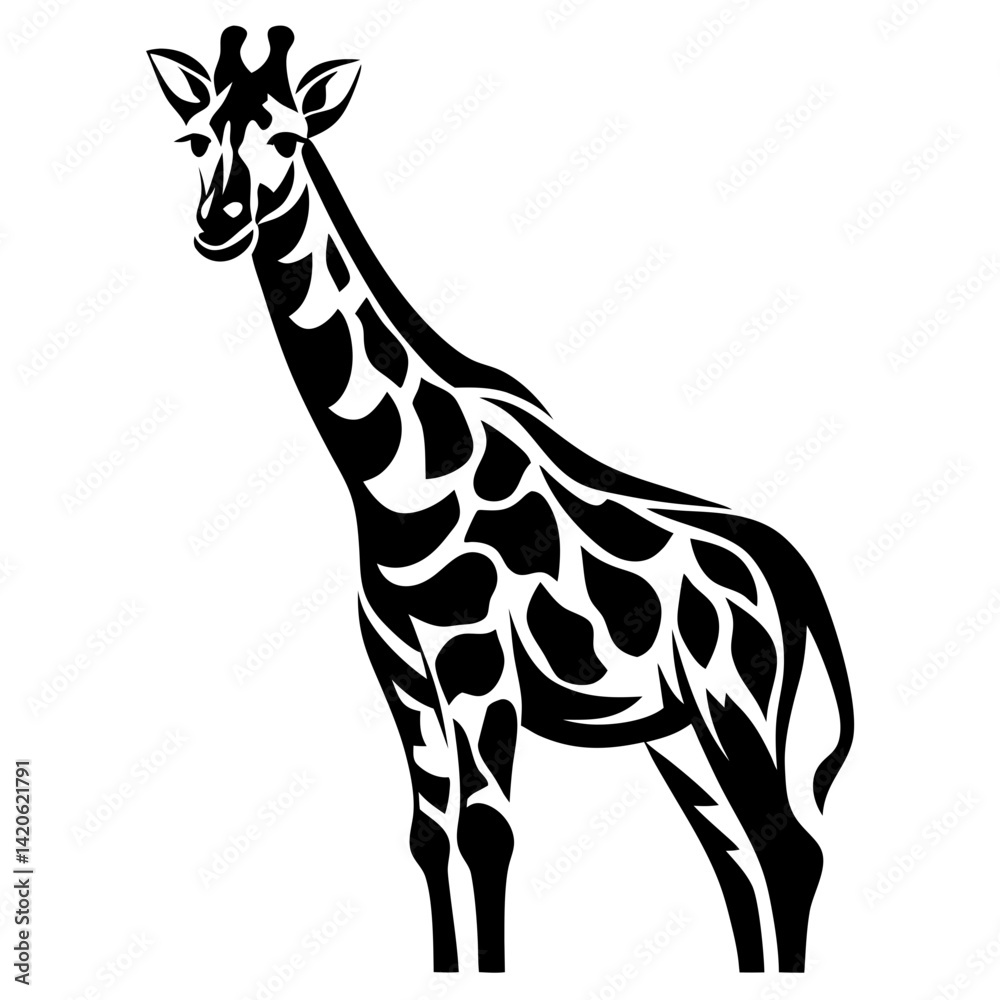 Naklejka premium Elegant Black and White Giraffe Illustration with Stylized Spot Pattern