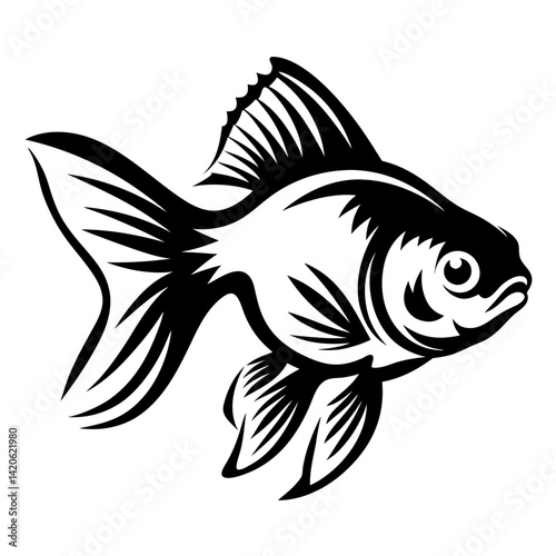 Majestic monochrome goldfish illustration with flowing fins and detailed scales