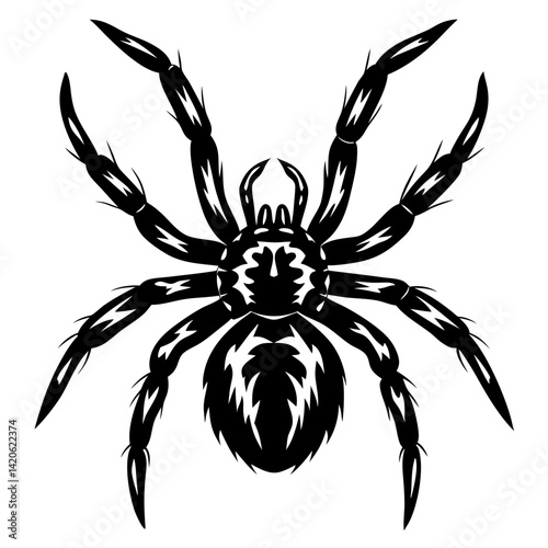 Monochrome spider illustration with eight legs, sharp features and detailed abdomen