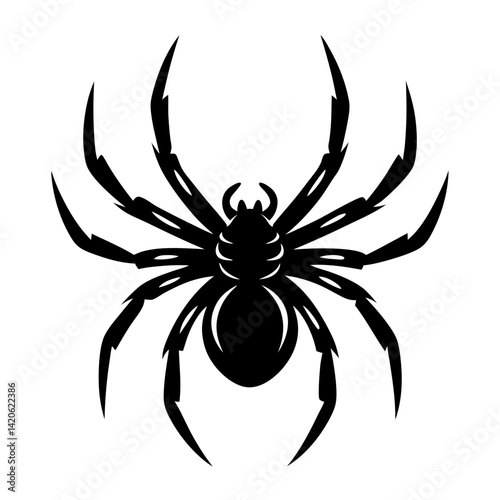 Creepy black spider with spiky legs isolated on white background, vector