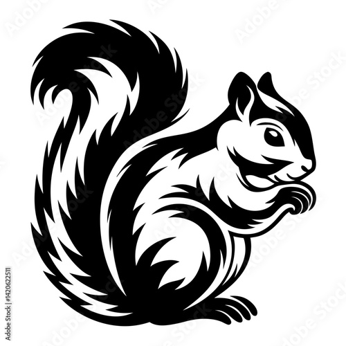 Detailed black and white vector illustration of a squirrel holding food