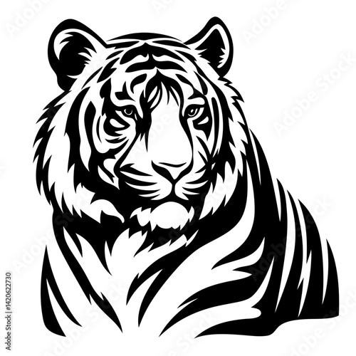 Striking monochrome tiger portrait rendered in a bold, graphic style art