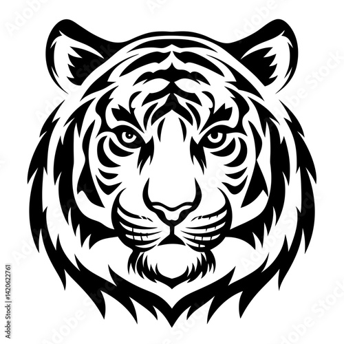 Bold black and white stylized tiger head portrait vector illustration drawing