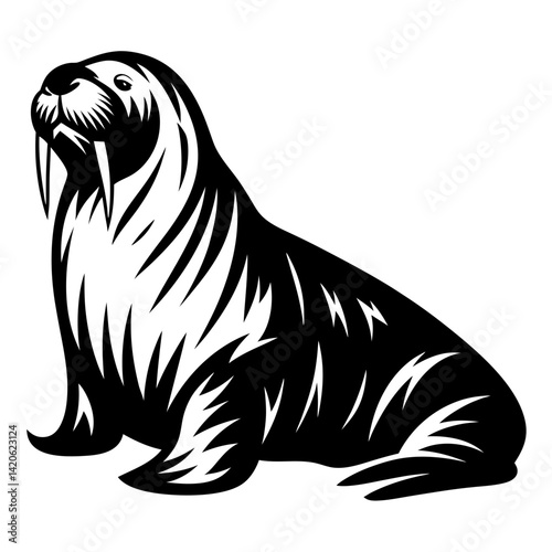 Detailed black and white walrus illustration with a smooth shaded aesthetic