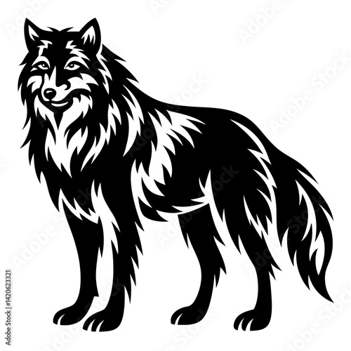Monochrome image of a majestic wolf standing with a confident expression