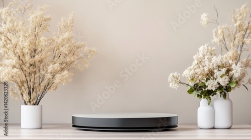Modern, neutral display podium with dried flowers