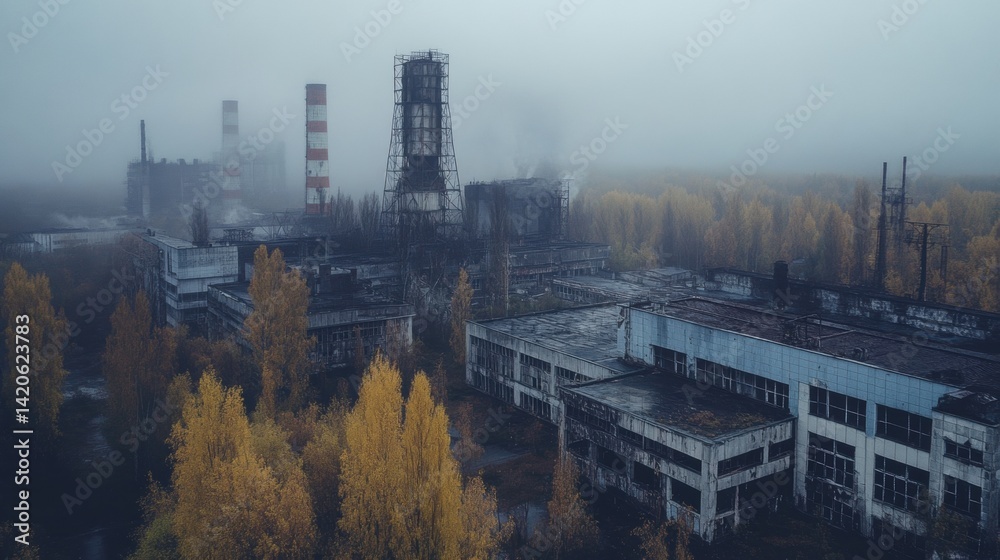 Obraz premium Aerial view of an abandoned industrial complex with decaying buildings and smokestacks amidst autumn trees in dense fog