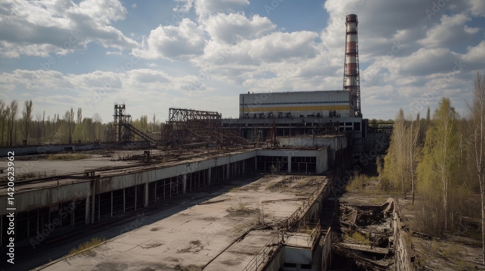 Fototapeta premium Industrial Decay: Abandoned Factory Complex with Chimney and Overgrown Vegetation